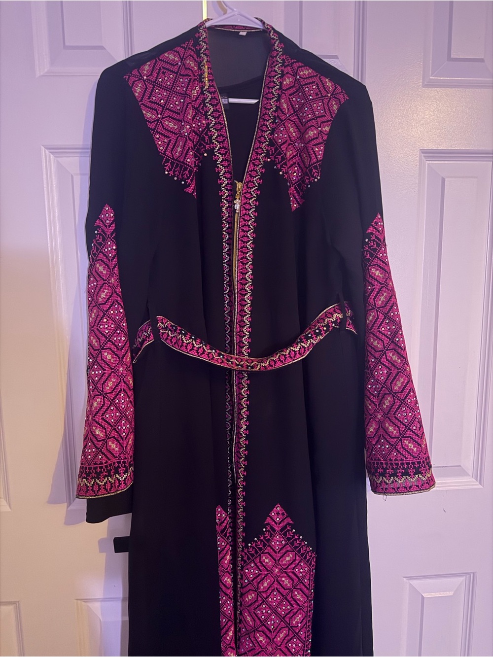 Black Dress with Pink Geometric Embroidery
